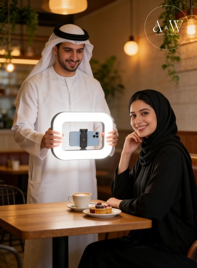 إيه آن د دبليو اضاءة تصوير احترافية رينج لايت مربع فيديو ريغ للجوال والكاميرا – مثبت يدوي، بطارية 8000mAh باور بانك (شحن عكسي)، 2500–6500K تحكم بدرجة اللون والسطوع، ريموت بلوتوث، حامل جوال، كشاف تصوير لـ TikTok وYouTube وتصوير المكياج والطعام والمنتجات - Image 2